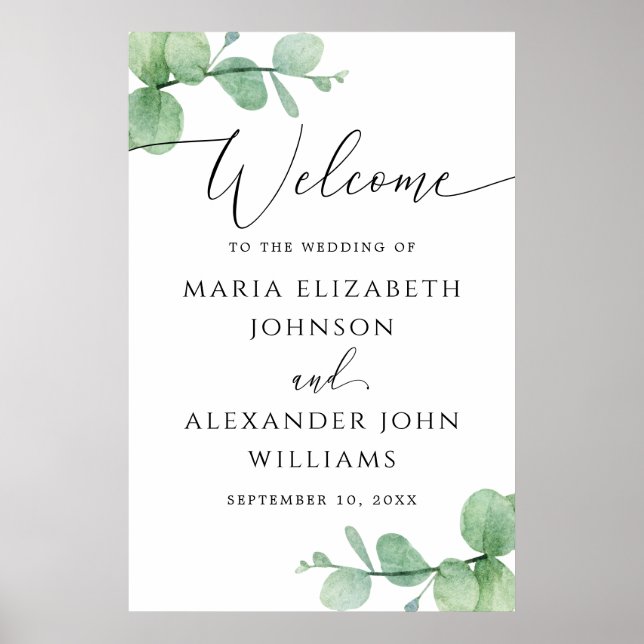Poster Sinal de Boas-Vindas de Casamento com Eucalipto |  (Frente)