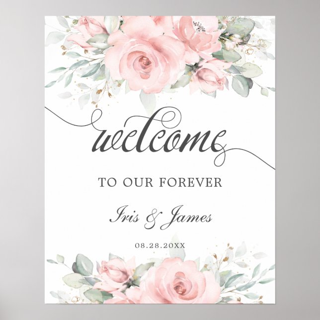 Poster Sinal de Boas-Vindas de Casamento com Flora e Folh (Frente)
