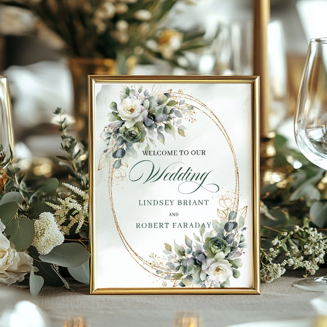 Poster Sinal de Boas-Vindas de Casamento com Folhagem Bot (Dusty Green Botanical Foliage Wedding Welcome Sign)
