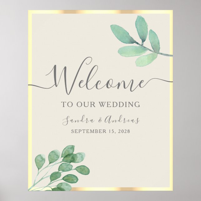 Poster Sinal de Boas-Vindas de Casamento com Folhagem Rús (Frente)
