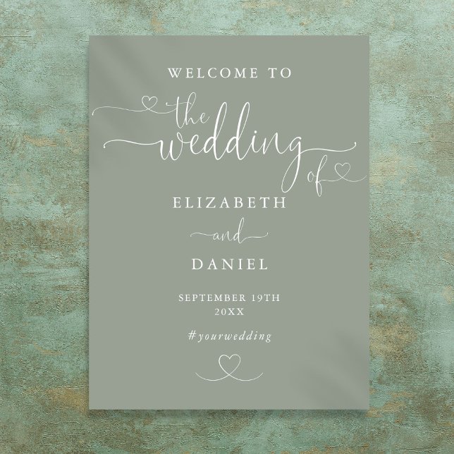 Poster Sinal de Boas-Vindas de Casamento com Letra Cursiv (Sage Green Heart Script Wedding Welcome Sign)