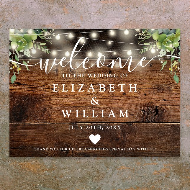 Poster Sinal de Boas-Vindas de Casamento com Luzes de Cor (Greenery Wood String Lights Wedding Welcome Sign)