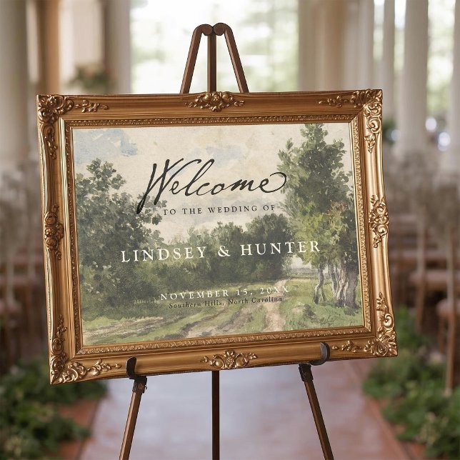 Poster Sinal de Boas-Vindas de Casamento com Pintura de P (Elegant Vintage Landscape Painting scenic countryside trees wedding ceremony welcome sign poster)