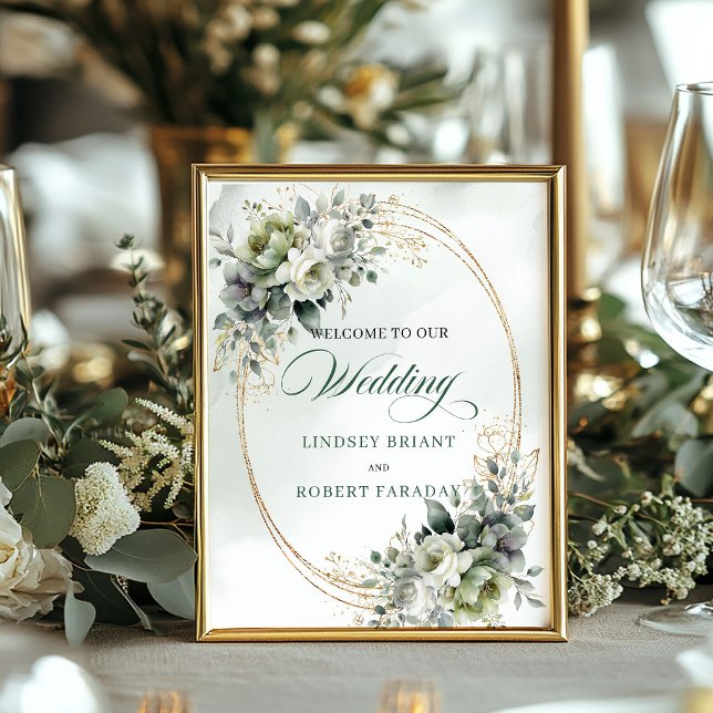 Poster Sinal de Boas-Vindas de Casamento com Verde Elegan (Elegant Greenery and Gold Wedding Welcome Sign)