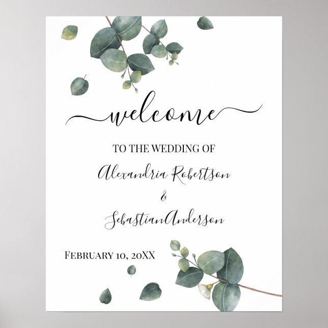 Poster Sinal de Boas-Vindas de Casamento com Verde Eucali (Frente)