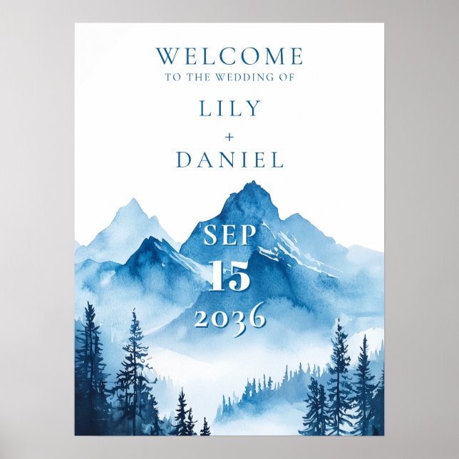 Poster Sinal de Boas-Vindas de Casamento de Montanha Aqua (Frente)