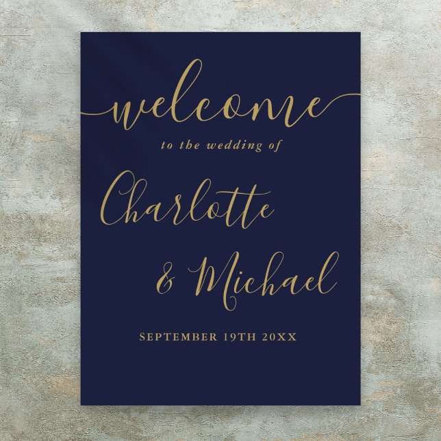 Poster Sinal De Boas-Vindas De Casamento De Script Azul E (Navy Blue And Gold Script Wedding Welcome Sign)