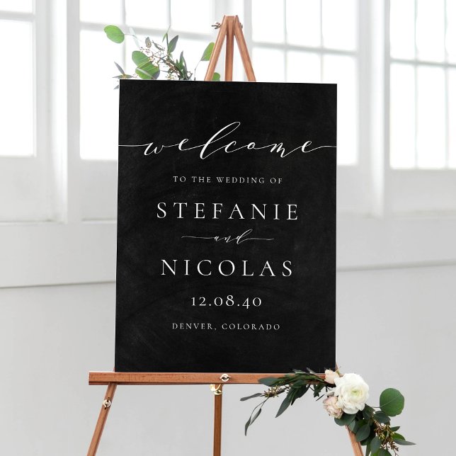 Poster Sinal de Boas-vindas de casamento do Script do Qua (Customizable faux chalkboard minimalist script wedding welcome sign)