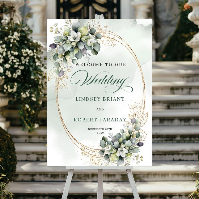 Poster Sinal de Boas-Vindas de Casamento Dourado de Eucal (Chic Eucalyptus Gold Welcome Wedding Sign)