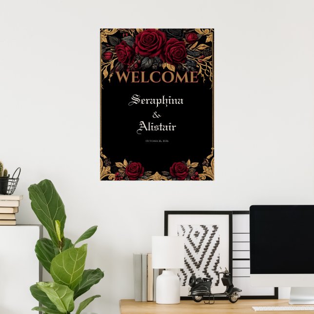 Poster Sinal de Boas-Vindas de Casamento Elegante Dark Go (Escritório em casa)
