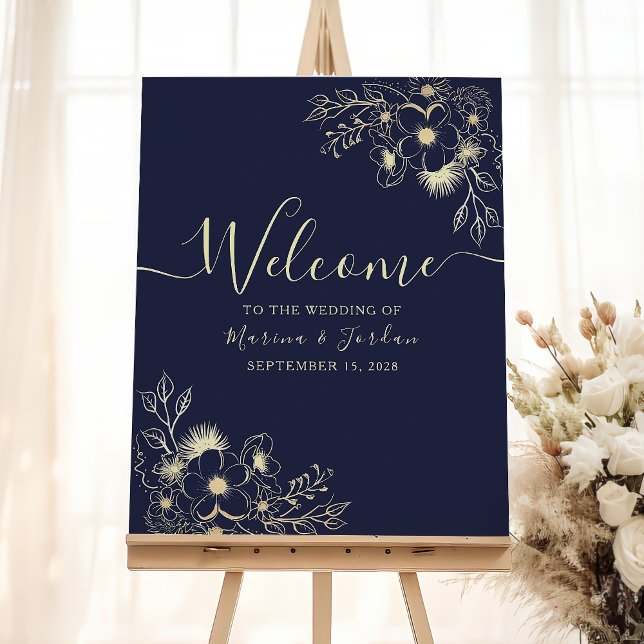 Poster Sinal de Boas-Vindas de Casamento em Dourado e Azu (Criador carregado)