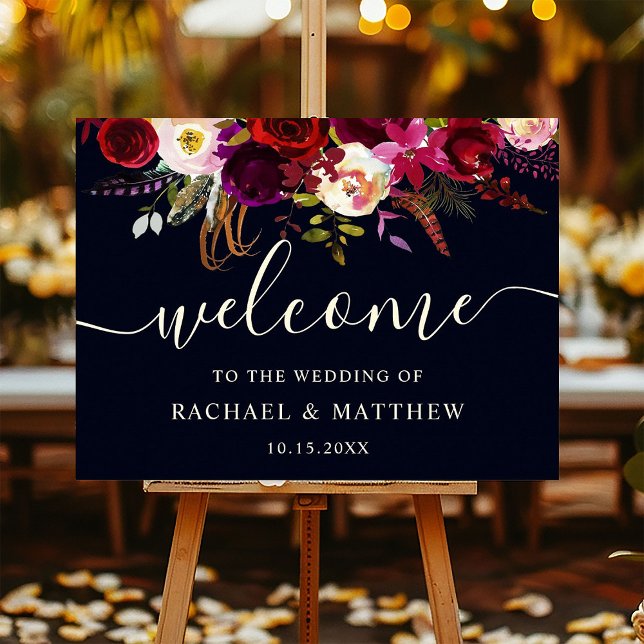 Poster Sinal de Boas-Vindas de Casamento Floral Boho Borg (Criador carregado)