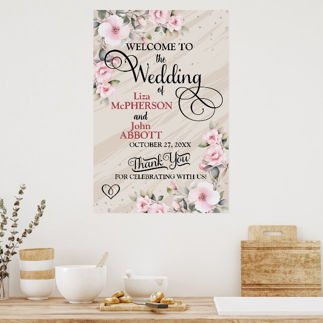 Poster Sinal de Boas-Vindas de Casamento Floral Bonito (Cozinha)