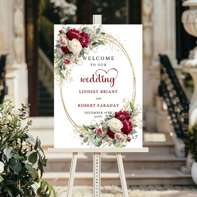 Poster Sinal de Boas-Vindas de Casamento Floral Botânico  (Botanical Floral Wedding Welcome Sign with Names)
