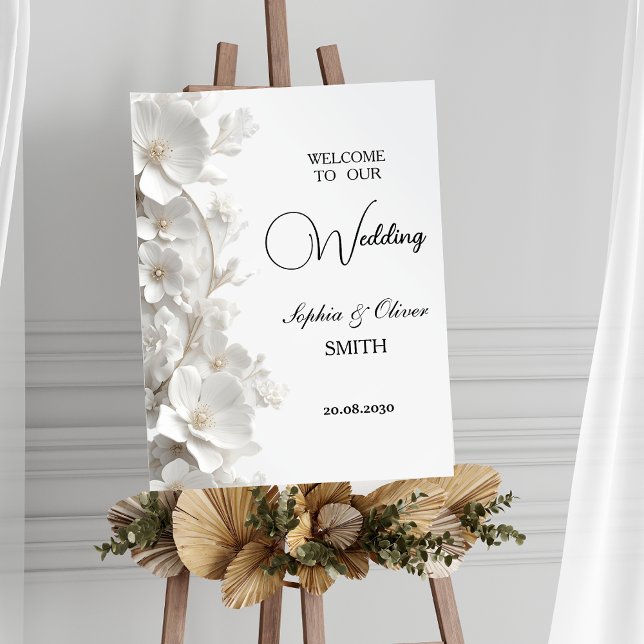 Poster Sinal de Boas-Vindas de Casamento Floral Branco 3D (Criador carregado)