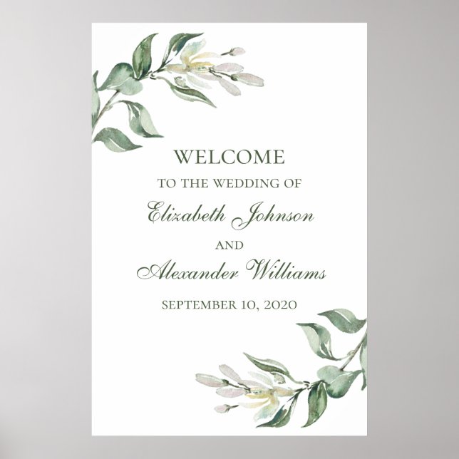 Poster Sinal de boas-vindas de casamento floral com verde (Frente)