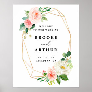 Poster Sinal De Boas-Vindas De Casamento Floral E Blush D