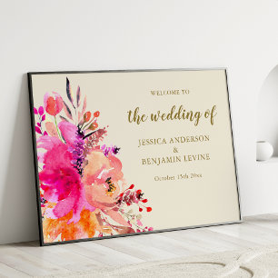 Poster Sinal de Boas-Vindas de Casamento Floral em Aquare