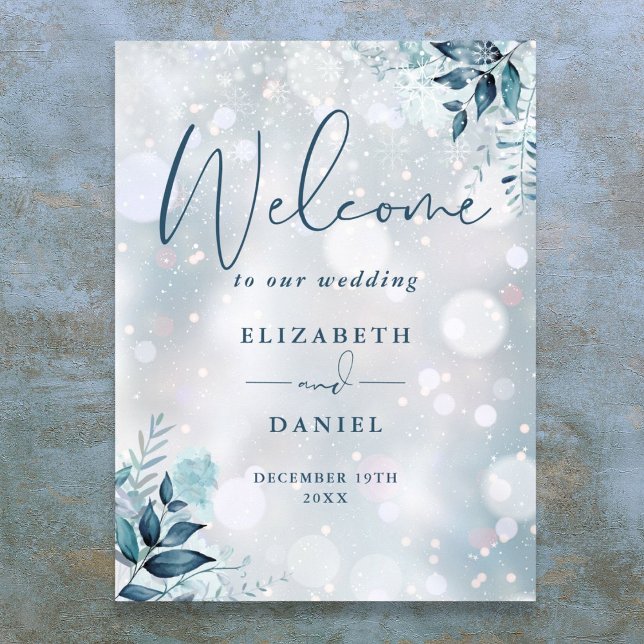 Poster Sinal de Boas-Vindas de Casamento Floral Flocos de (Winter Snowflakes Floral Wedding Welcome Sign)