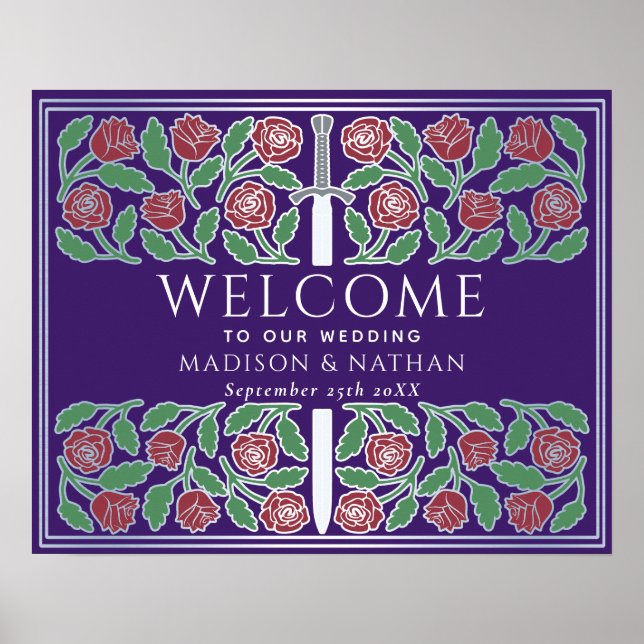 Poster Sinal de Boas-Vindas de Casamento Floral Prata Rox (Frente)