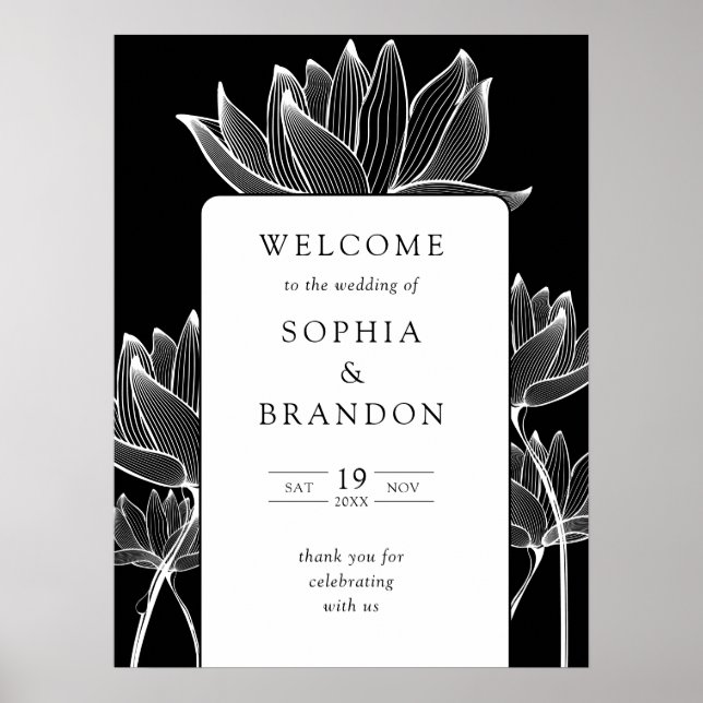 Poster Sinal de Boas-Vindas de Casamento Floral Preto e B (Frente)
