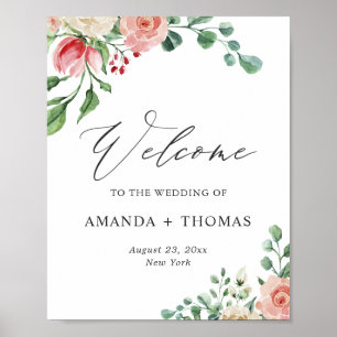 Poster Sinal de Boas-Vindas de Casamento Floral Rosa Aqua