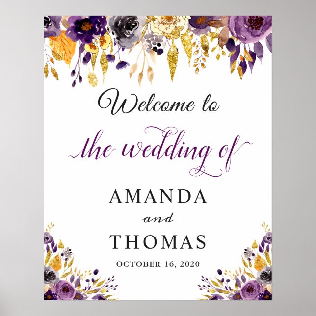 Poster Sinal de Boas-Vindas de Casamento Floral Roxo Rúst (Frente)