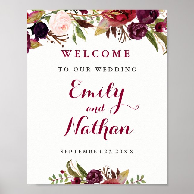 Poster Sinal de Boas-vindas de Casamento Floral Vermelho  (Frente)