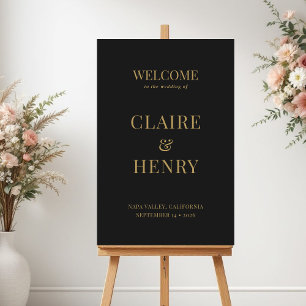 Poster Sinal de Boas-Vindas de Casamento Preto Dourado El