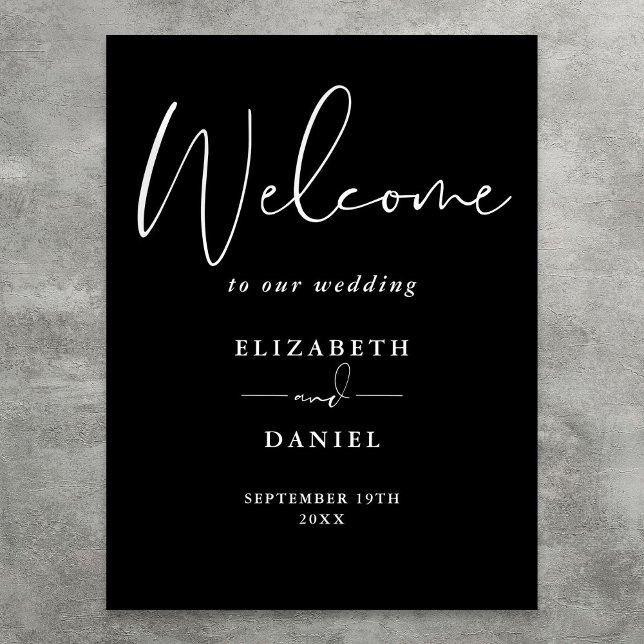 Poster Sinal de Boas-Vindas de Casamento Preto e Branco E (Elegant Black And White Wedding Welcome Sign)