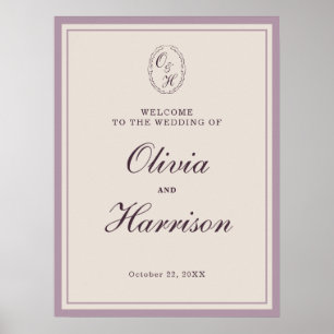 Poster Sinal de Boas-Vindas de Casamento Roxo Malva Elega