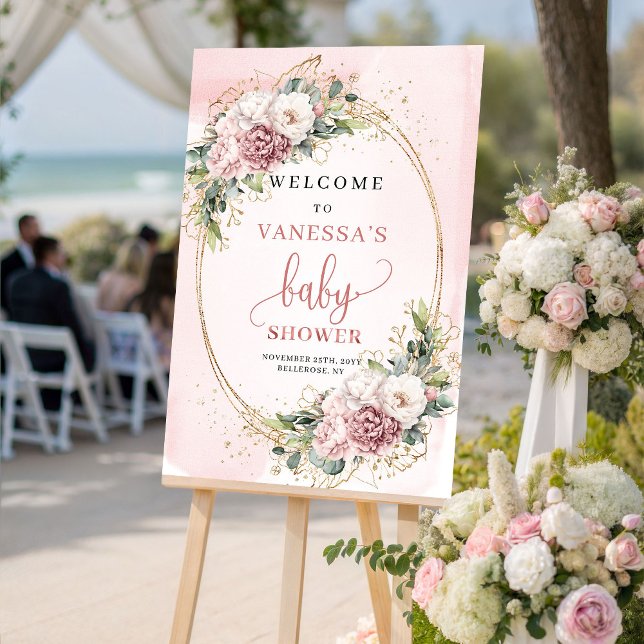 Poster Sinal de Boas-Vindas de Chá de Bebê Floral Rosa Em (Boho Dusty Pink Floral Baby Shower Welcome Sign)