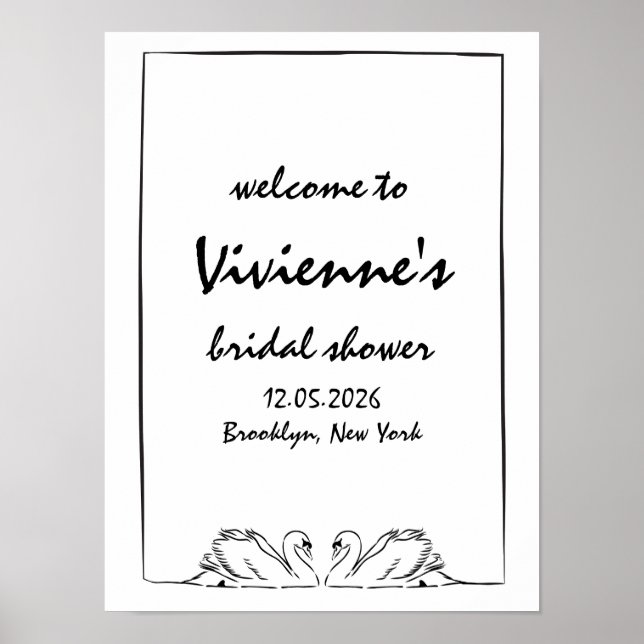 Poster Sinal de Boas-Vindas de Chá de Noiva com Cisne Des (Frente)