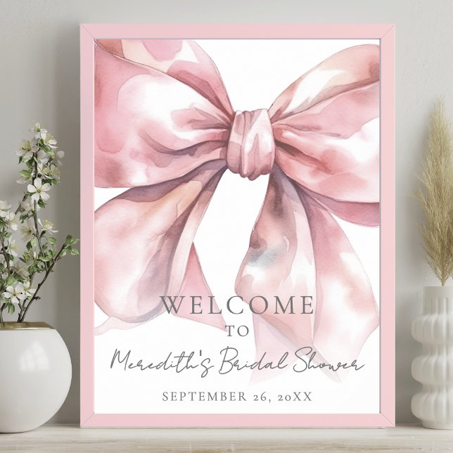 Poster Sinal de Boas-Vindas de Chá de Noiva com Laço Rosa (Elegant Blush Pink Bow Bridal Shower Welcome Sign)