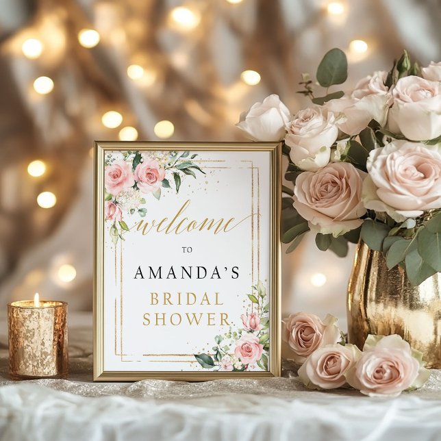 Poster Sinal de boas-vindas de chá de panela floral rosa  (Boho blush pink floral bridal shower welcome sign)