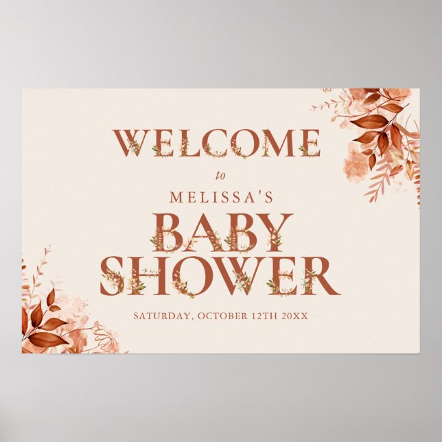 Poster Sinal de Boas-Vindas de Chuvá de Bebê Floral Rústi (Frente)