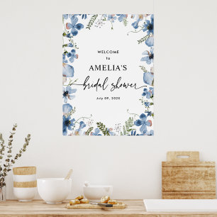 Poster Sinal de Boas-Vindas de Chuva de Noiva Floral Azul