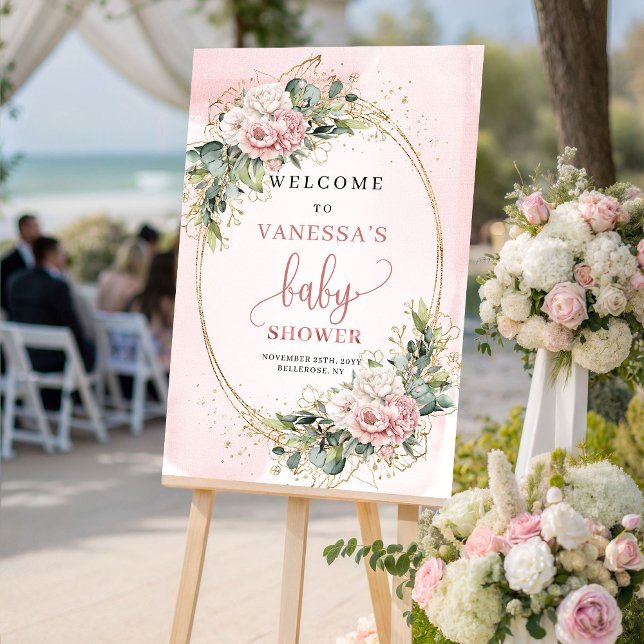 Poster Sinal de Boas-Vindas de Chuveiro de Bebê Floral Ro (Cute Blush Pink Floral Baby Shower Welcome Sign)
