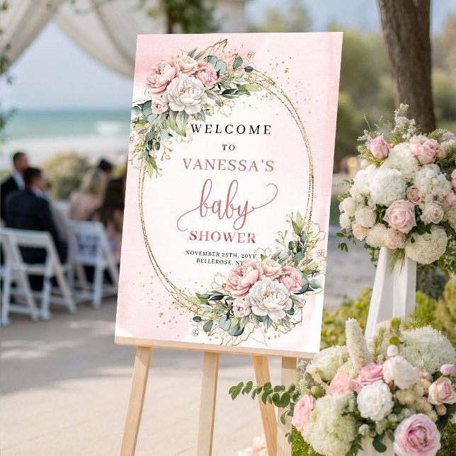 Poster Sinal de Boas-Vindas de Chuveiro de Bebê Floral Ro (Boho Blush Pink Floral Baby Shower Welcome Sign)