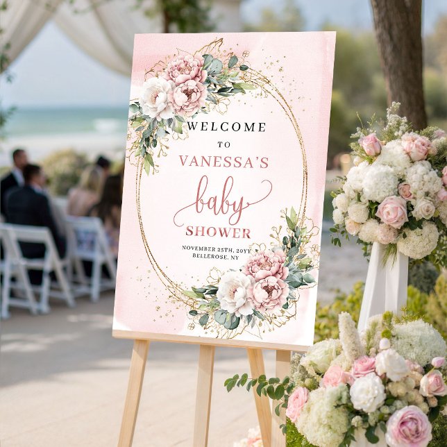 Poster Sinal de Boas-Vindas de Chuveiro de Bebê Floral Ro (Elegant Dusty Pink Floral Baby Shower Welcome Sign)