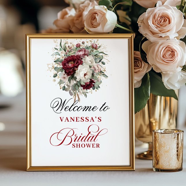 Poster Sinal de Boas-Vindas de Chuveiro de Noiva Burgundy (Stylish Blush Burgundy Bridal Shower Welcome Poster)
