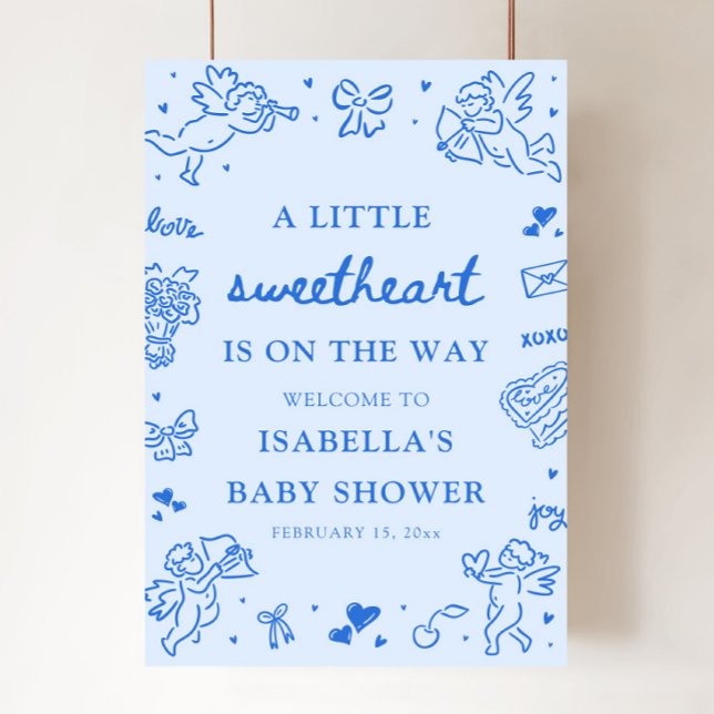 Poster Sinal de Boas-Vindas de Chuvinha de Bebê com Desen (Blue Hand Drawn Valentine Baby Shower Welcome Sign)