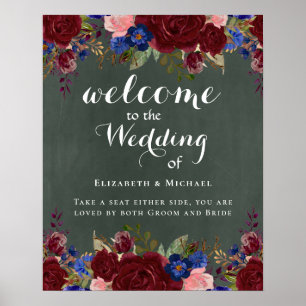 Poster Sinal de Boas-Vindas de Crio Burgundy Blue Floral