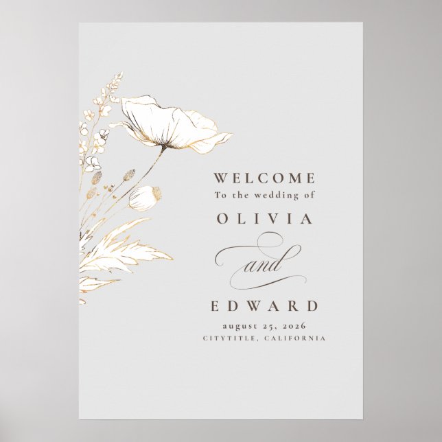 Poster Sinal de Boas-vindas de flores silvestres desenhad (Frente)