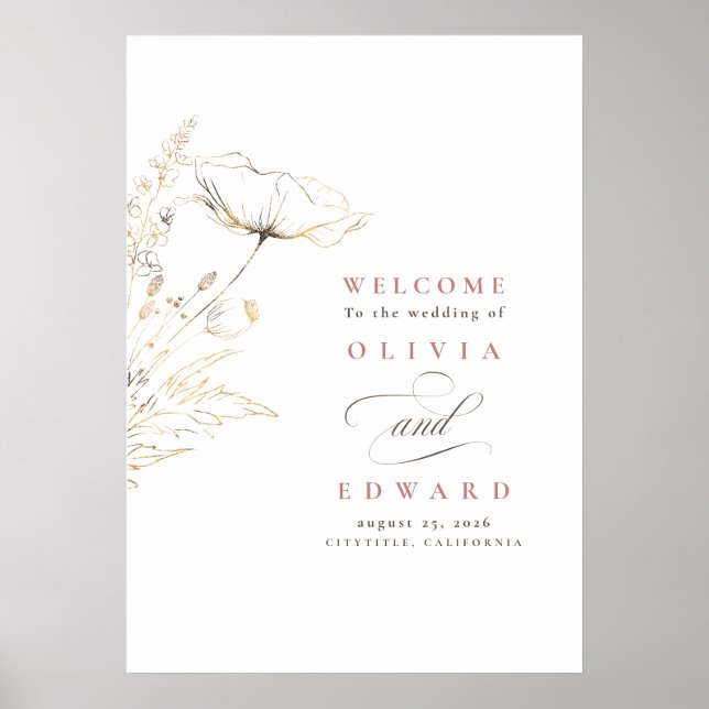 Poster Sinal de Boas-vindas de flores silvestres desenhad (Frente)