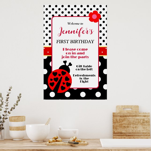 Poster Sinal de Boas-vindas de Ladybug Vermelho e Preto (Cozinha)