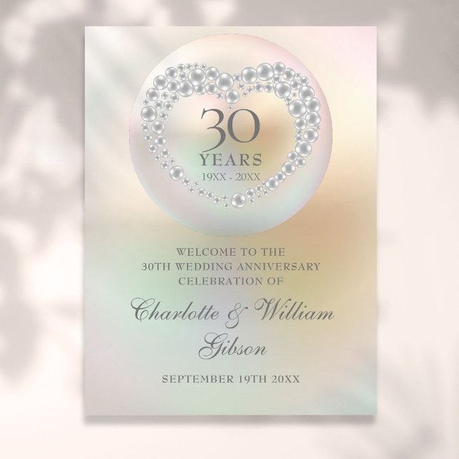Poster Sinal de Boas-Vindas de Pérola de 30º Aniversário  (30th Wedding Anniversary Pearl Welcome Sign)