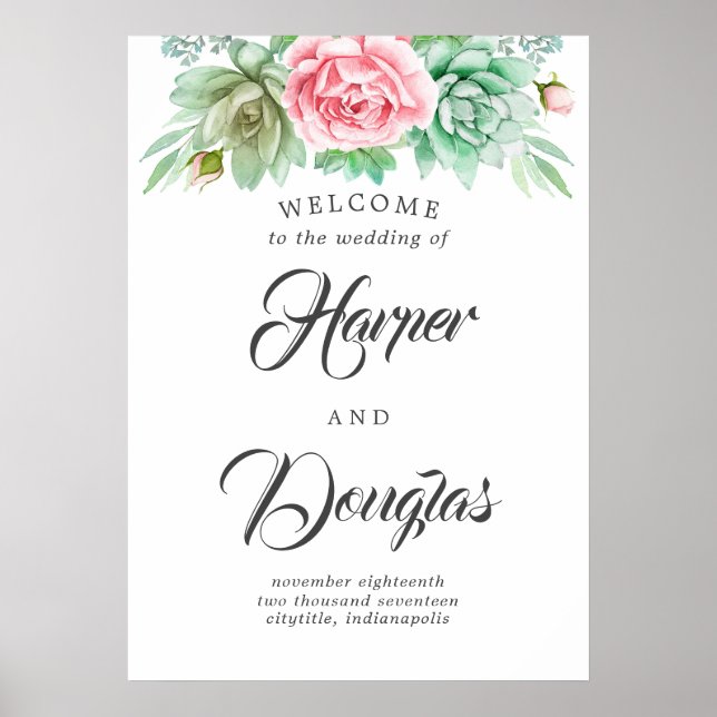 Poster Sinal de Boas-vindas de Succulents (Frente)