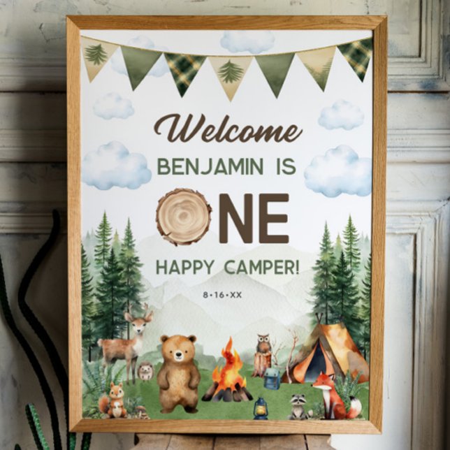 Poster Sinal de boas-vindas de um primeiro aniversário fe (One Happy Camper First Birthday 18x24 Welcome Sign
)