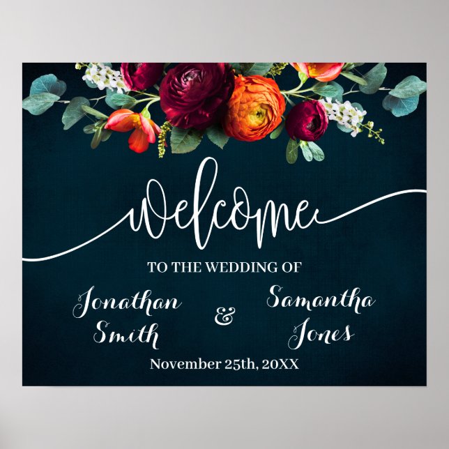 Poster Sinal de Boas-Vindas de Vinho Casamento Azul-Marin (Frente)